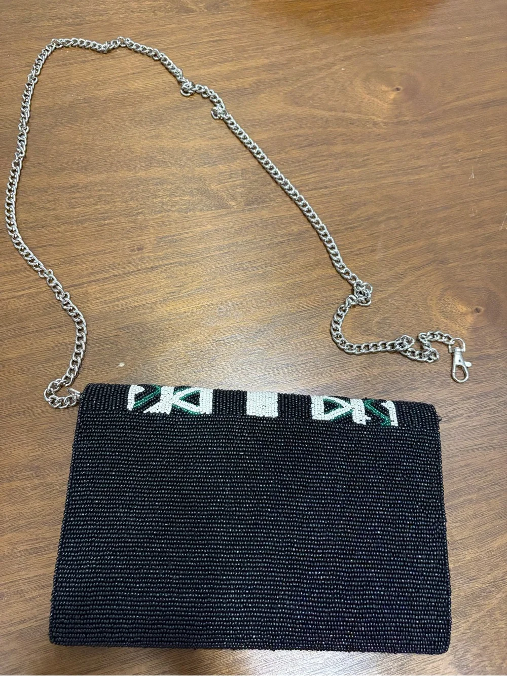 Beaded Black Envelope Clutch with Green & White Geometric Detail